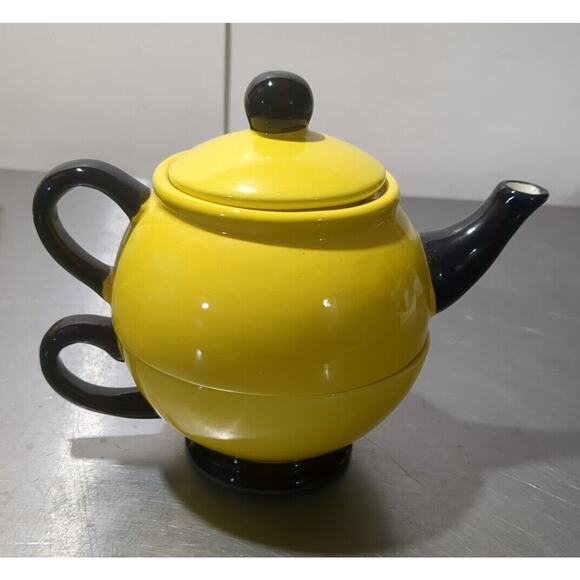 Smiley Face 3 Piece Tea Pot Mug ”Breakfast makes me happy” Cracker Barrel Yellow - Picture 6 of 6